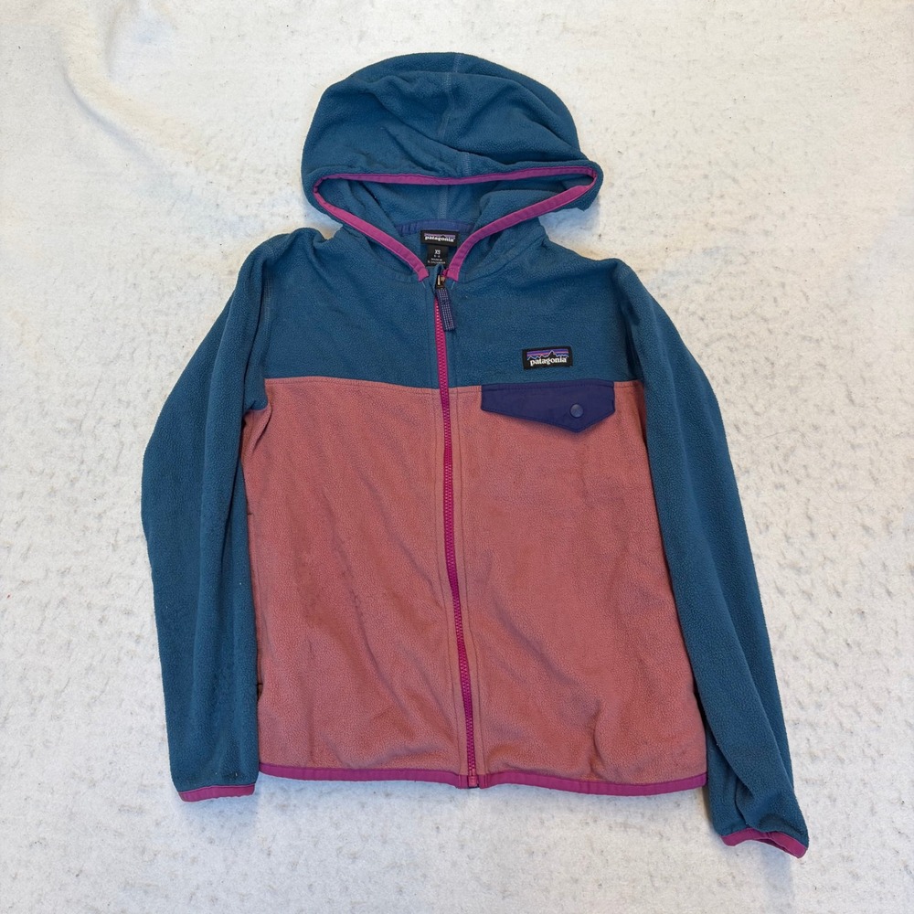 Patagonia Micro D Fleece Hoodie Kids XS Blue Pink Full Zip Snap Pocket